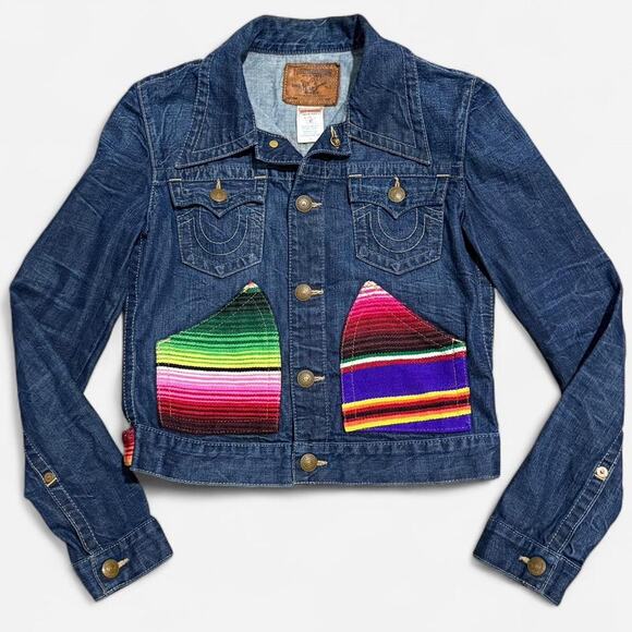 True Religion Jada Baja Dark Blue & Rainbow Retro Women's Denim Jacket L/M - Picture 6 of 8